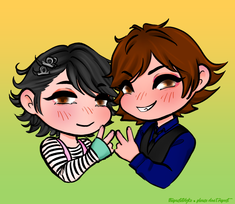 Chibi drawing of Philip and Shotaro from Kamen Rider W from the cest up, each flashing a peace sign, together forming the letter W. Both are smiling, Shotaro with teeth.